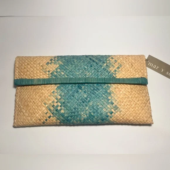Mar Y Sol Woven Clutch with Blue and Tan Pattern - Picture 2 of 16